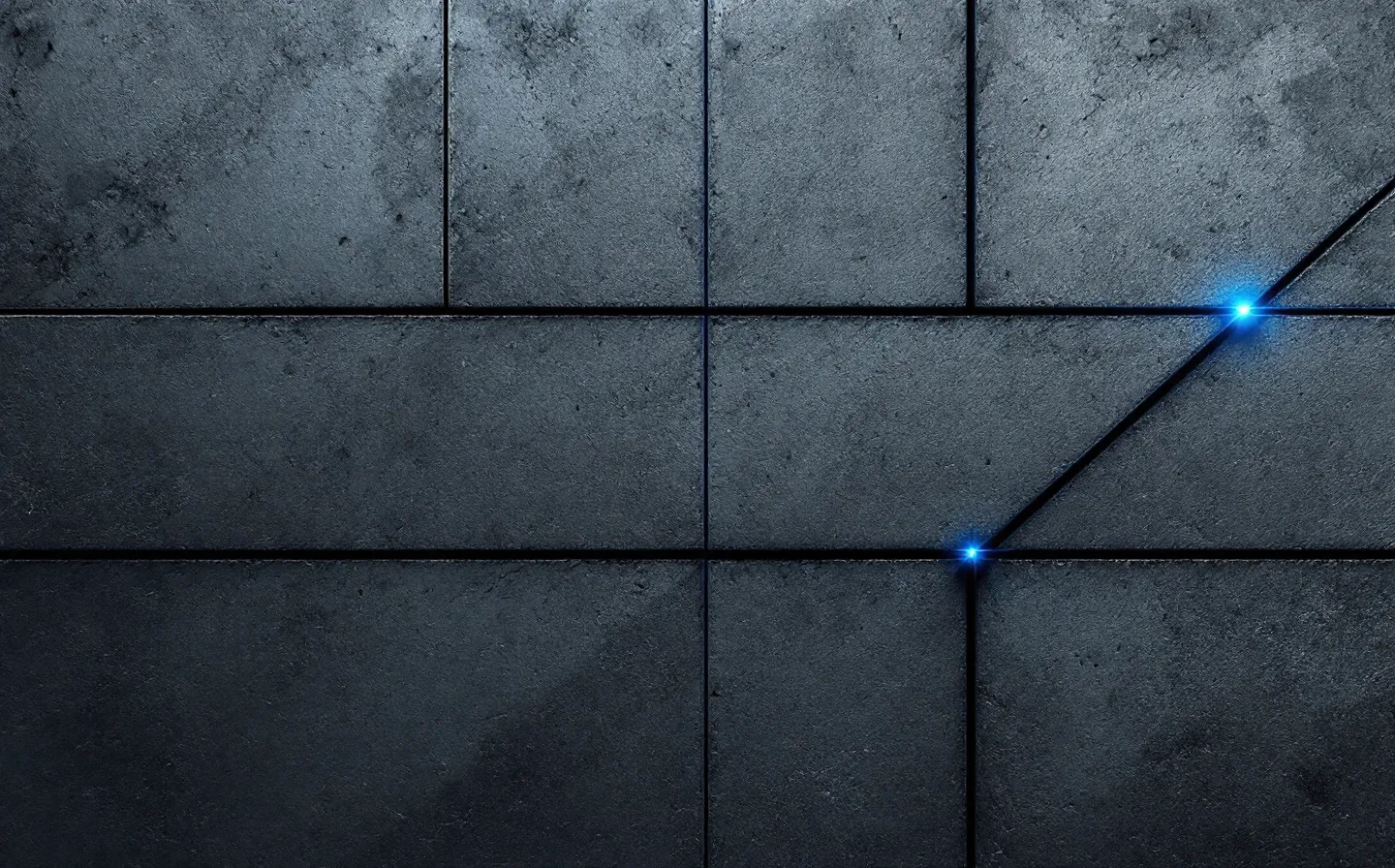 Abstract concrete slab crossed by three converging cobalt lines meeting at one node